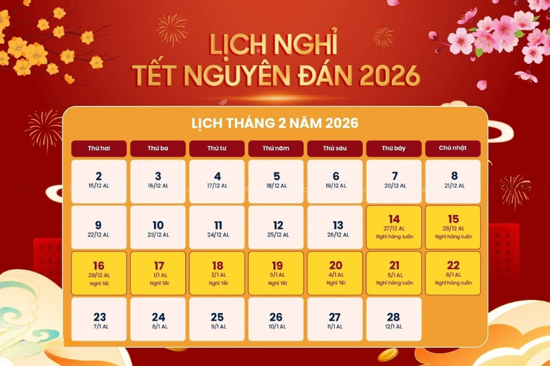 Lịch nghỉ Tết Nguyên đán Bính Ngọ 2026