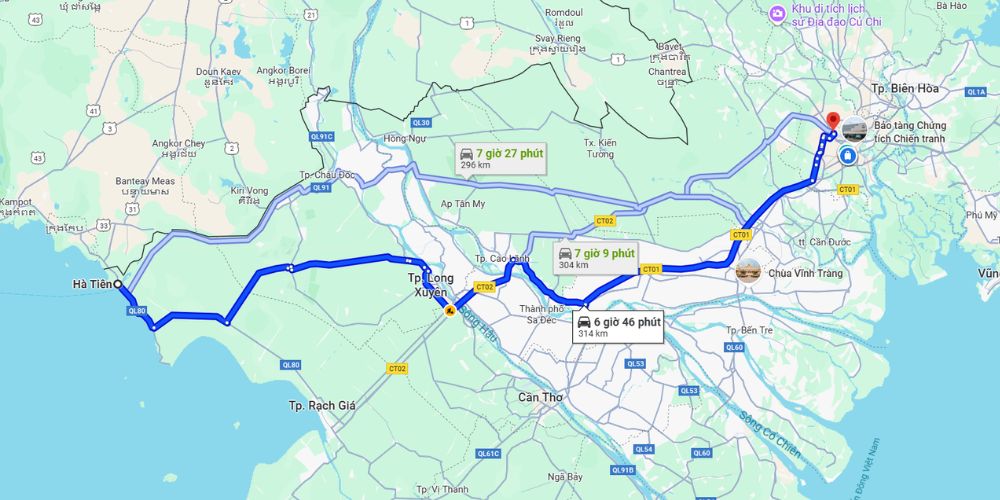 Hành trình từ Sài Gòn đến Hà Tiên có chiều dài dao động từ 296 km đến 314 km